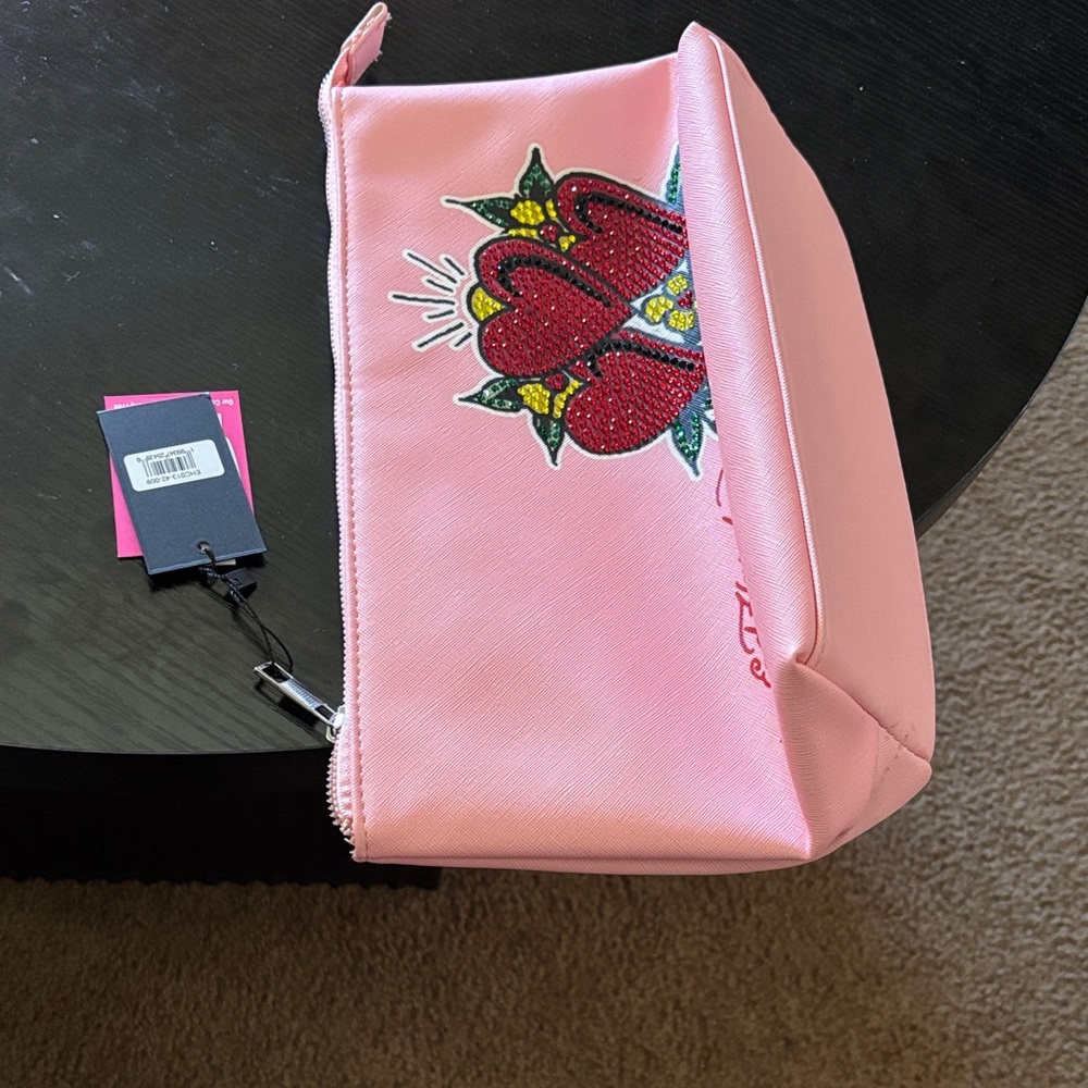 Pink Heart Embellished Cosmetic Pouch